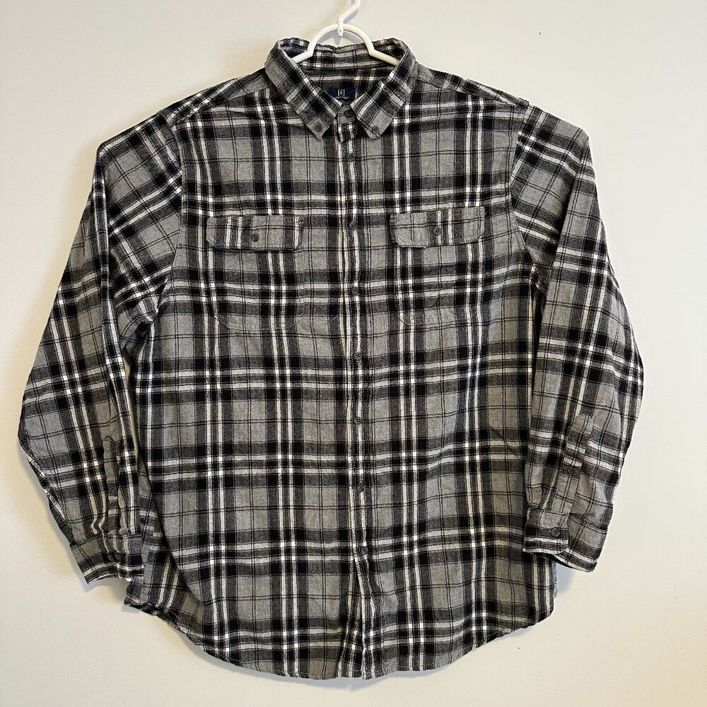 George Casual Button Down Mens 3XLT Gray Plaid Rugged Flannel Shirt